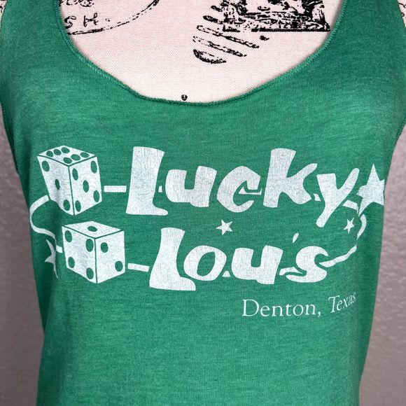 Next Level Lucky Lou's Sz M Long Tank Top Racerback Green Dice Stars Denton, TX - Picture 3 of 10